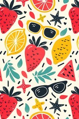 illustration of abstract cute pattern of strawberry, sunglasses, lemon, leaf, starfish, watermelon for background, banner, wallpaper or card