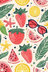 illustration of abstract cute pattern of strawberry, sunglasses, lemon, leaf, starfish, watermelon for background, banner, wallpaper or card
