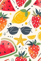 illustration of abstract cute pattern of strawberry, sunglasses, lemon, leaf, starfish, watermelon for background, banner, wallpaper or card