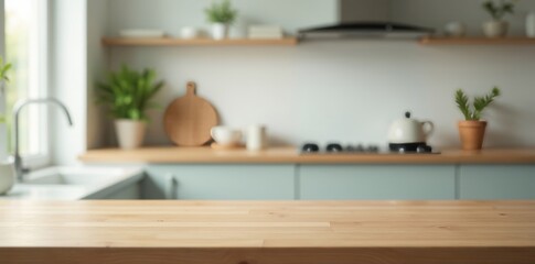 Fototapeta premium Clean empty table in blurred kitchen background , stock, shadow, design