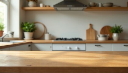 Clean wooden surface, out-of-focus kitchen scene, kitchen, kitchen design
