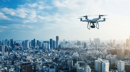 Drone flying above a vast urban cityscape on a partly cloudy day with skyscrapers and buildings