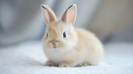 Obraz premium A cute baby rabbit is sitting on a white blanket