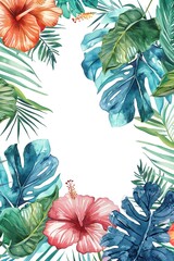 Fototapeta premium illustration of palm leaves, hibiscus, fern, watercolor frame