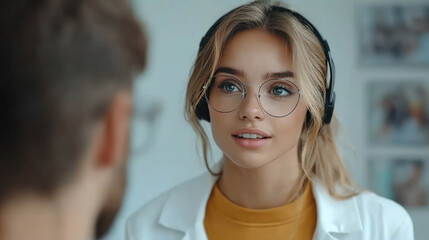 Fototapeta premium Woman with glasses and headphones listening attentively in a professional setting with a white coat. Generated with AI.