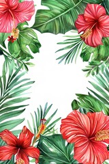 Obraz premium illustration of palm leaves, hibiscus, fern, watercolor frame