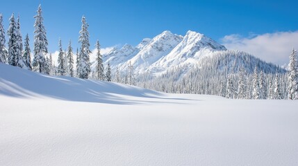 Snowy mountain landscape with pine trees