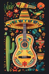 illustrations of guitar, maracas, sombrero hat, ornament, Mexican pattern, cactus for background, greeting card or poster