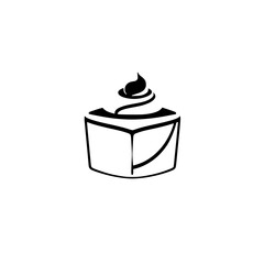 Minimalist cake, black line art, topped with whipped cream, square container, modern style