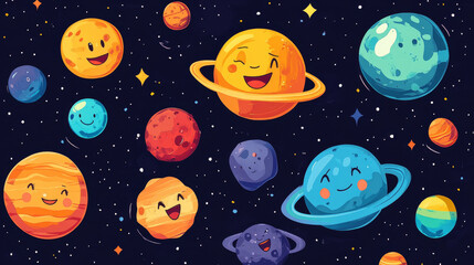 Earth, planets and asteroid characters with different emotions. Cute galaxy objects, funny cosmic globes smile, surprised and sad, vector cartoon set isolated on black background