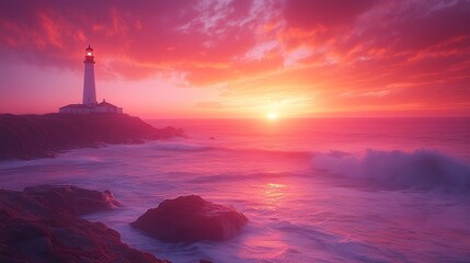 Fototapeta premium Dramatic pink sunset over ocean with lighthouse.
