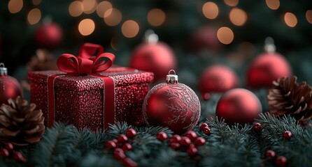 Festive Christmas Gifts and Decorations Flat Lay with Ornaments and Warm Atmosphere