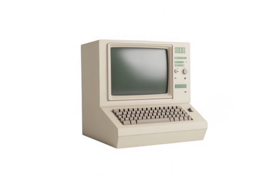 Vintage computer on a transparent background showcasing retro design and technology from the 1980s, featuring classic keyboard and monitor without modern enhancements