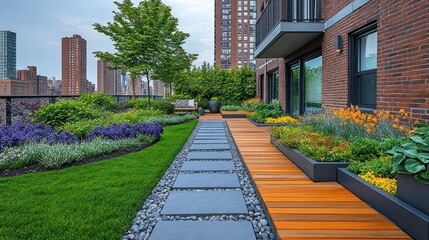 Fototapeta premium Rooftop garden path with flowers, plants, and modern building backdrop.