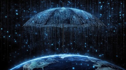 A massive umbrella made of binary code and circuits covering the Earth, representing cybersecurity, AI networks, and global tech safety.