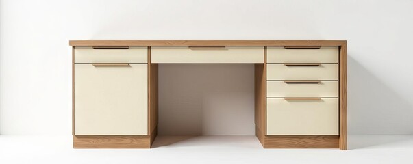 Elegant curved wooden desk, cream drawer fronts, white backdrop ,  drawers,  desk organizer,  home office