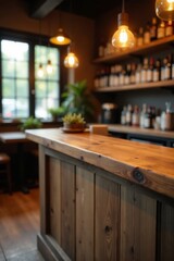 Fototapeta premium Rustic wood reception counter, blurred restaurant backdrop, business, brown, service