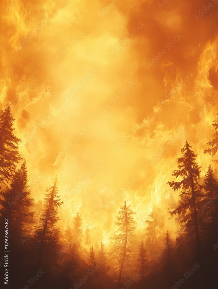 Poster Forest fire engulfing trees with flames and smoke creating a dramatic atmosphere in a warm toned sky. Generative AI