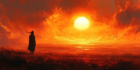 Obraz premium Surreal Landscape Glowing Horizon Dramatic Shadows Warm Orange Black Color Palette