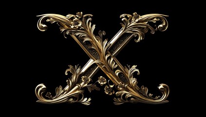 Ornate golden letter x featuring intricate floral carvings against a stark black backdrop elegant design