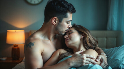 Fototapeta premium Romantic morning in bed with loving couple embracing
