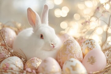White rabbit resting among decorated eggs in a soft, colorful setting during springtime festivities