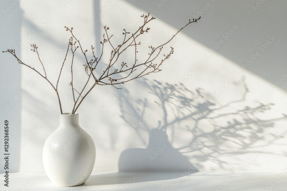 Poster elegant white vase with bare branches casting shadows on a sunlit wall in a minimalist interior sett