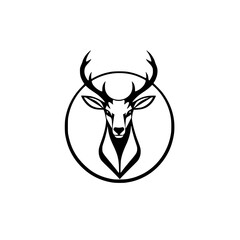A stylized black and white image of a deer head, framed within a circle, minimalistic and modern.