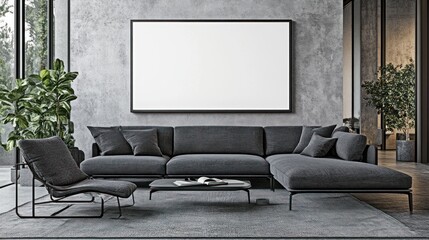 Modern living room with gray sectional sofa, coffee table, armchair, plants, and large blank frame on concrete wall.