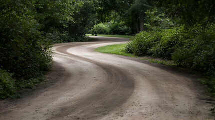 Obraz premium Winding dirt road curves through lush green park, travel destination