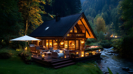 Fototapeta premium Mountain cabin night river view, cozy interior, relaxation