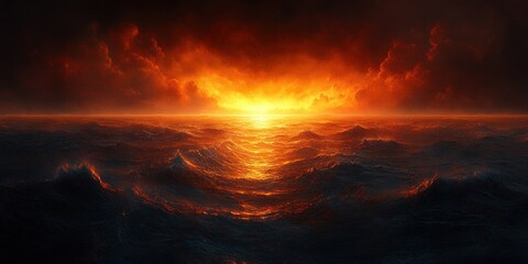 Surreal Landscape with Glowing Horizon Dramatic Shadows Warm Orange Black Chiaroscuro Wide Angle