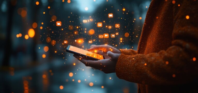 Businessman Holding Smartphone with Floating Social Media Icons