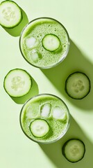 Refreshing cucumber smoothie in glasses with ice cubes and cucumber slices. Perfect summer drink!