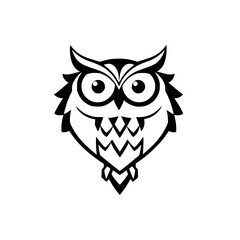 Stylized black and white illustration of an owl with big eyes, beak, and a wide open mouth.