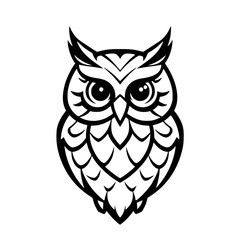 Stylized black and white illustration of a wise owl, front-facing, with sharp details.