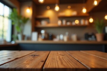 Clean wooden tabletop, soft gold cafe lights bokeh Ideal for product display , drink, food