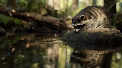 Raccoon drinking from a calm stream with lush green foliage in a forest setting, sunlight filtering through the trees creating a serene atmosphere, showcasing nature's beauty and wildlife