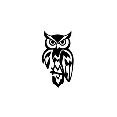 Obraz premium Black stylized owl illustration on white background. Black and white simple graphic art.