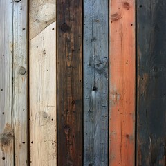 Fototapeta premium Detailed view of a wooden wall showcasing an array of vibrant colors across various wooden panels.