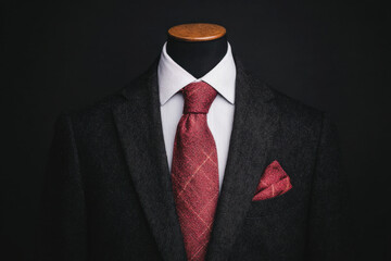 A man's suit is covered in glitter and he is wearing a red tie