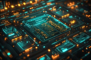 Fototapeta premium Futuristic Digital Landscape with Translucent Folders and Flowing Code Streams in Cyberpunk Style