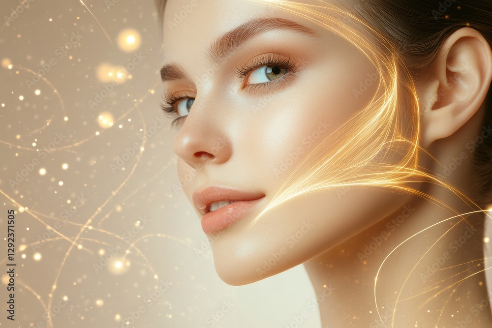 Poster Abstract golden lines flow around a young womans face to illustrate the Botox lifting effect elegantly. Generative AI