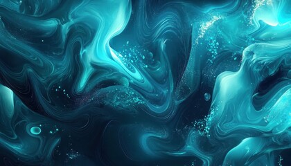 Abstract Swirling Blue and Cyan Fluid with Glowing Particles