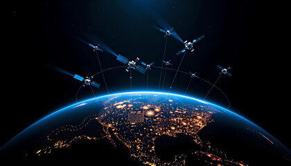 Low Earth Orbit satellites form a glowing web of connectivity, with radiant light beams linking across Earth, revolutionizing global communication and technological advancements