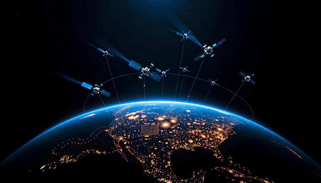 Low Earth Orbit satellites form a glowing web of connectivity, with radiant light beams linking across Earth, revolutionizing global communication and technological advancements - Powered by Adobe