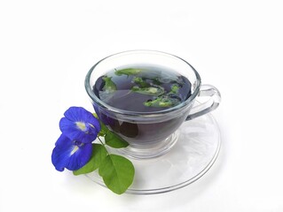 Boiled butterfly pea flower water in a glass on white background 