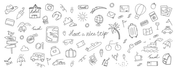 Hand drawn travel icons. Summer, vacation doodle icons. Vector icons