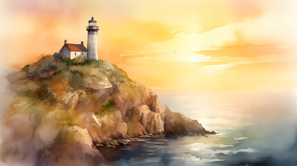 Fototapeta premium A lighthouse is on a rocky cliff overlooking the ocean