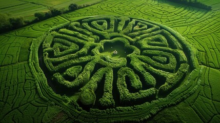 Naklejka premium Aerial View of a Circular Green Maze in a Field